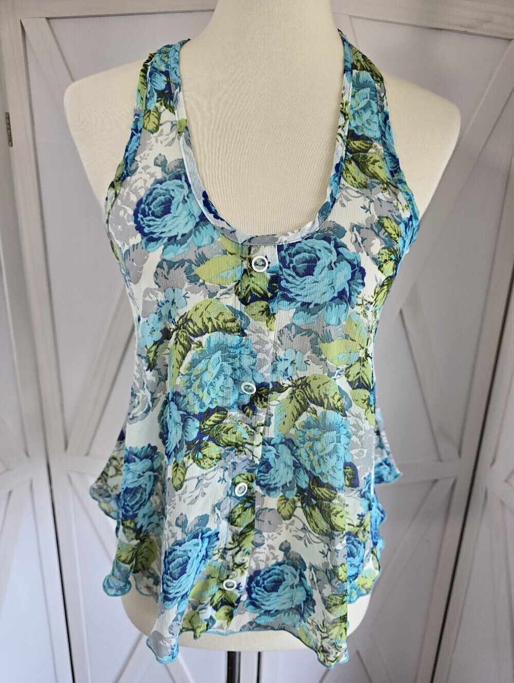 "Poetry" Sheer Blue & Green Floral Button-Front, Racerback Sleeveless Camisole